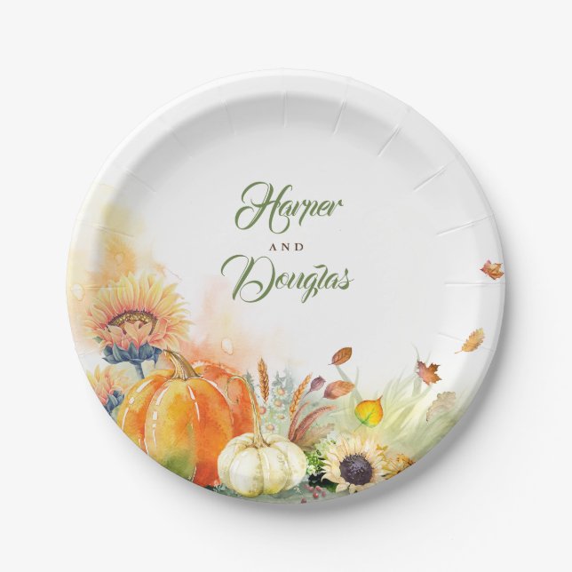 Fall Harvest Pumpkins and Sunflowers Rustic Paper Plate (Front)