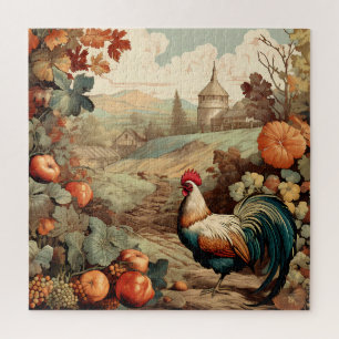 Fall Harvest Rooster Farm Barn Autumn Colors Jigsaw Puzzle