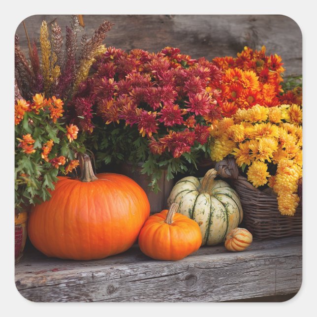 Fall Harvest Tablescape - Autumn Pumpkins Flowers Square Sticker (Front)