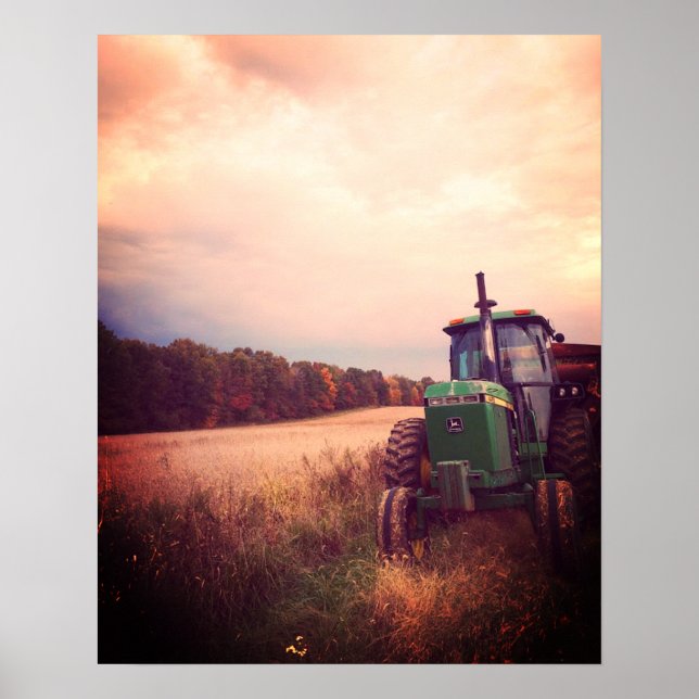 Fall Harvest Tractor at Sunset Poster (Front)