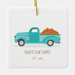 Fall Harvest Vintage Blue Truck Ceramic Ornament