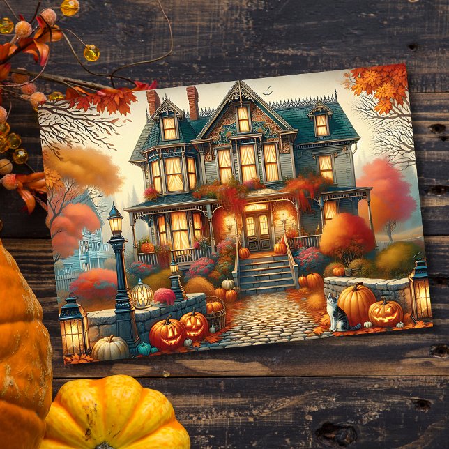 Fall Haunted House Pumpkin Halloween  Holiday Card (Creator Uploaded)
