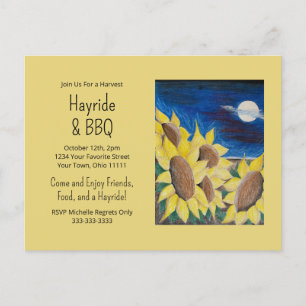 Fall Hayride Bbq Sunflowers Folk Art Invitation Postcard