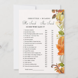 Fall   He said she said Bridal shower game card