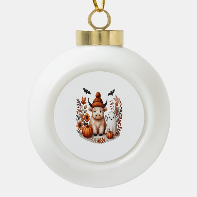 Fall Highland Cow Ghost , Autumn  Ceramic Ball Christmas Ornament (Front)