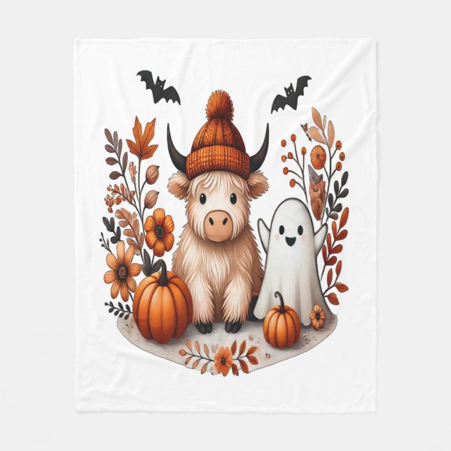 Fall Highland Cow Ghost , Autumn  Fleece Blanket (Front)