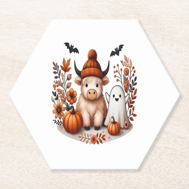 Fall Highland Cow Ghost , Autumn  Paper Coaster (Front)