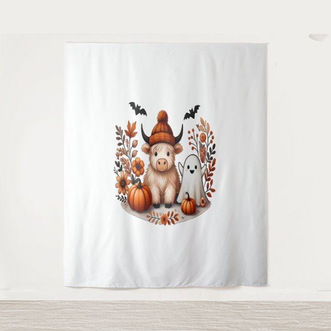 Fall Highland Cow Ghost , Autumn  Tapestry (Front)