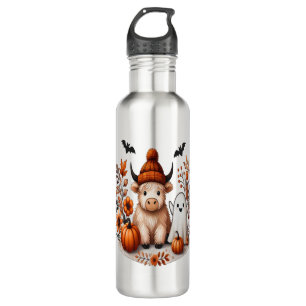 Fall Highland Cow Ghost Png, Autumn Png 710 Ml Water Bottle