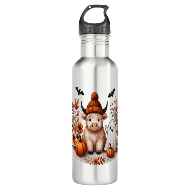 Fall Highland Cow Ghost Png, Autumn Png 710 Ml Water Bottle (Front)