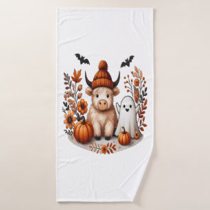Fall Highland Cow Ghost Png, Autumn Png Bath Towel