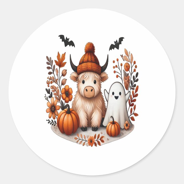 Fall Highland Cow Ghost Png, Autumn Png Classic Round Sticker (Front)