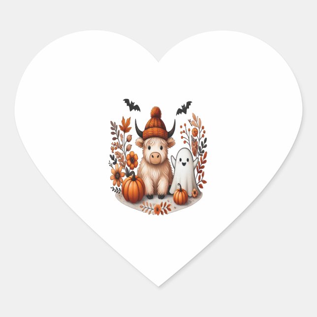 Fall Highland Cow Ghost Png, Autumn Png Heart Sticker (Front)