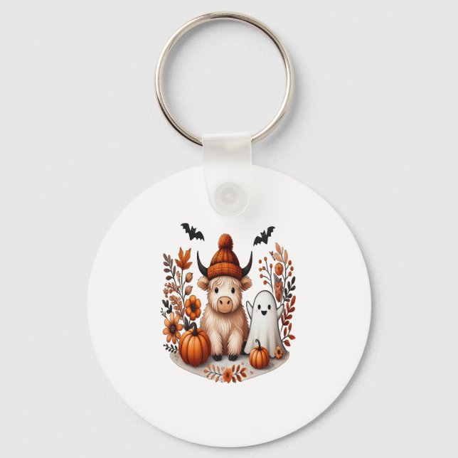 Fall Highland Cow Ghost Png, Autumn Png Key Ring (Front)