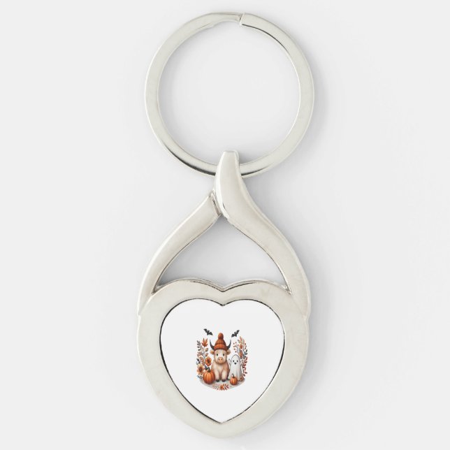 Fall Highland Cow Ghost Png, Autumn Png Key Ring (Front)