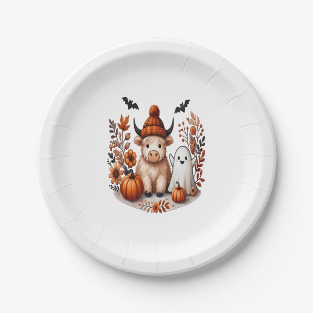 Fall Highland Cow Ghost Png, Autumn Png Paper Plate (Front)
