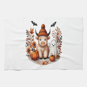 Fall Highland Cow Ghost Png, Autumn Png Tea Towel
