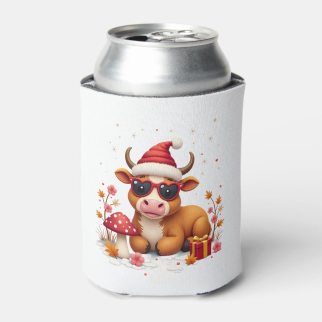 Fall Highland Cow Pumpkin Bow Christmas Girls Kids Can Cooler (Can Front)