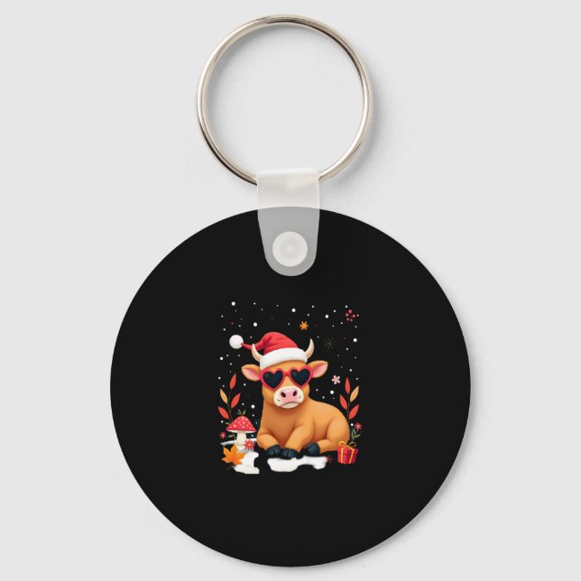 Fall Highland Cow Pumpkin Bow Christmas Girls Kids Key Ring (Front)