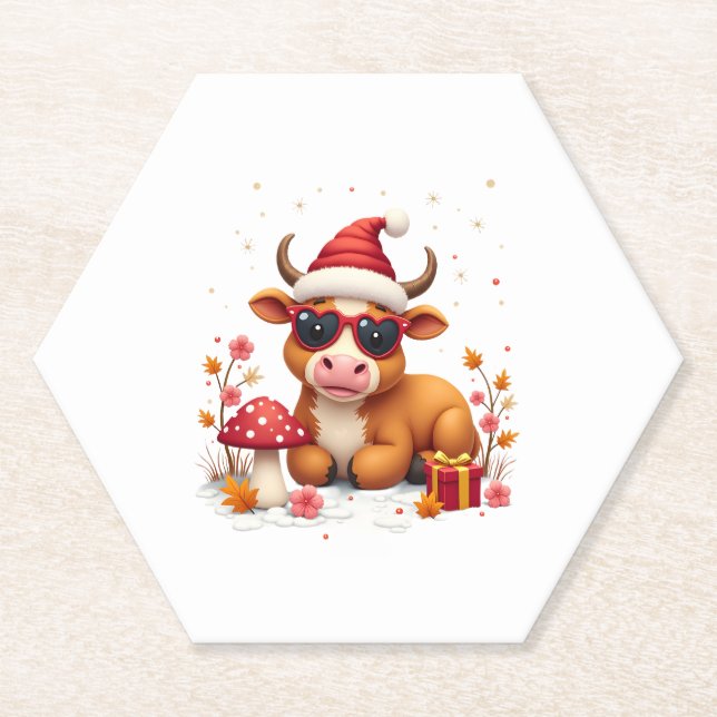 Fall Highland Cow Pumpkin Bow Christmas Girls Kids Paper Coaster (Front)