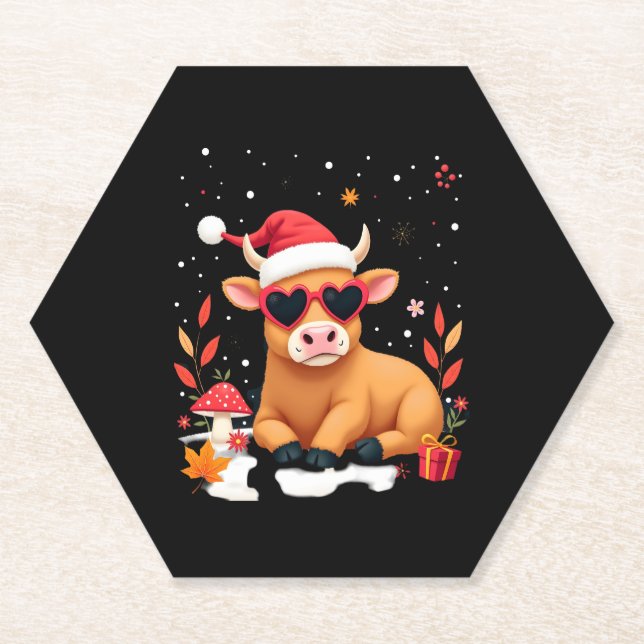 Fall Highland Cow Pumpkin Bow Christmas Girls Kids Paper Coaster (Front)