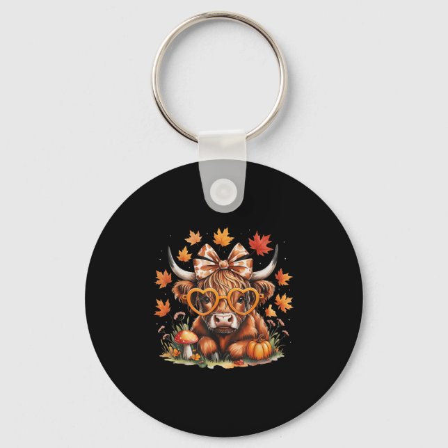 Fall Highland Cow Pumpkin Bow Thanksgiving Fall Gi Key Ring (Front)