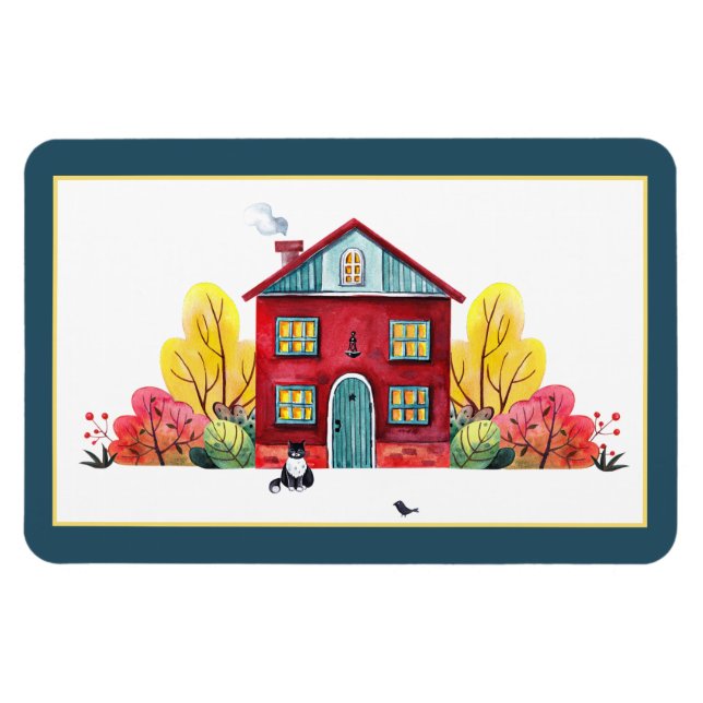 Fall house and cat  magnet (Horizontal)