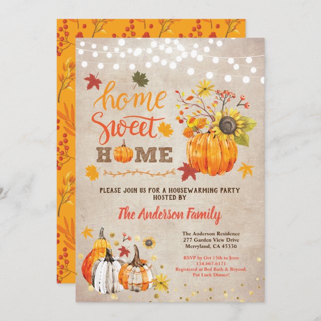 Fall housewarming party rustic vintage pumpkin invitation (Front/Back)