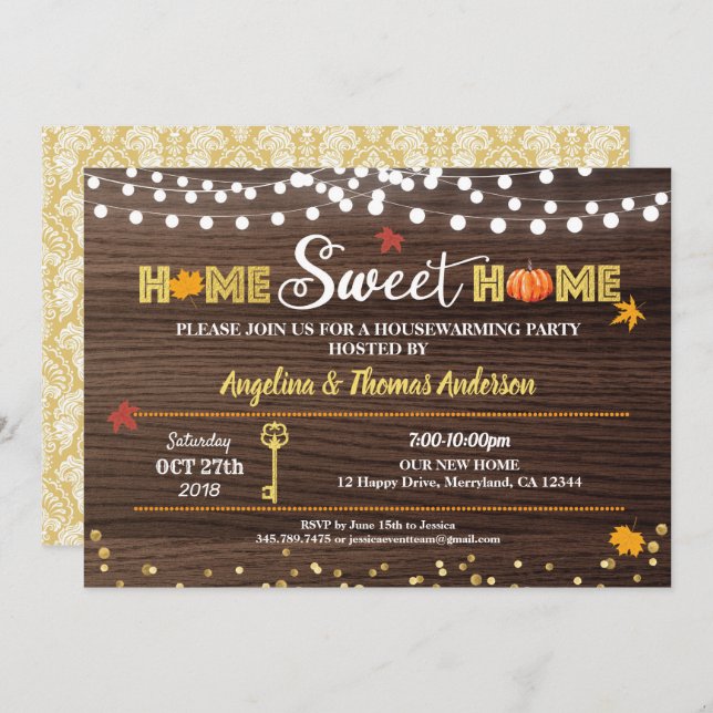 Fall housewarming party rustic wood autumn pumpkin invitation (Front/Back)