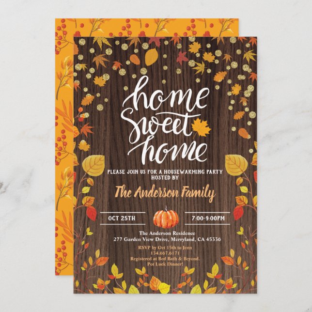 Fall housewarming party rustic wood pumpkin gold invitation (Front/Back)