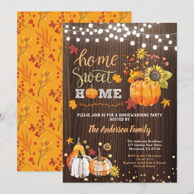 Fall housewarming party rustic wood pumpkin gold invitation (Front/Back)