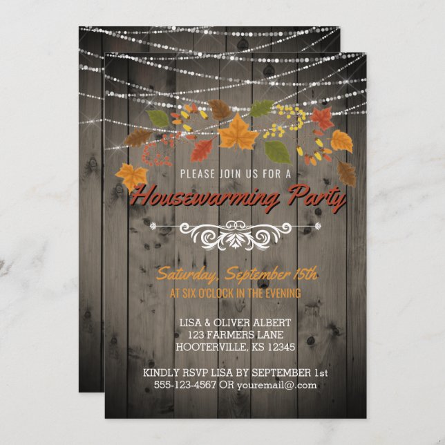 Fall Housewarming Party Rustic Wood String Lights Invitation (Front/Back)