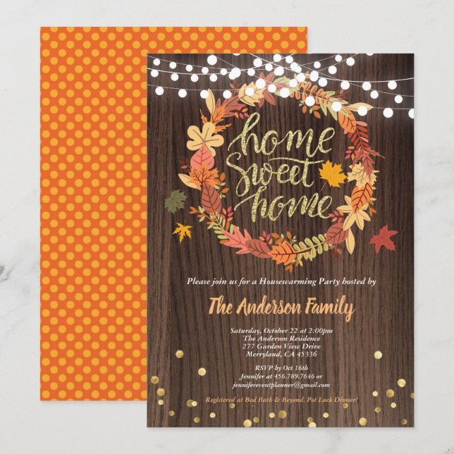 Fall housewarming party rustic wreath thanksgiving invitation (Front/Back)