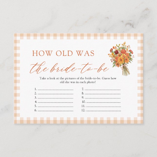 Fall How Old Was The Bride Bridal Shower Game Enclosure Card (Front)