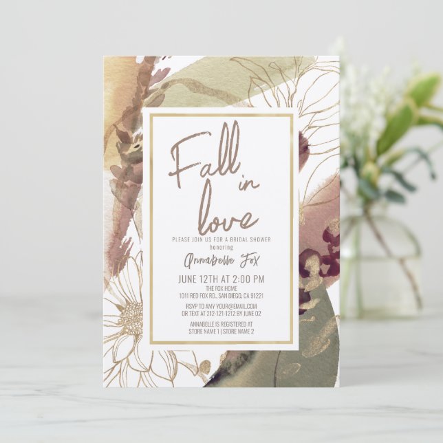 Fall in Love Autumn Abstract Floral Bridal Shower Invitation (Standing Front)