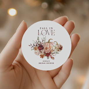 'Fall In Love' Autumn Blooms Pumpkin Bridal Shower Classic Round Sticker
