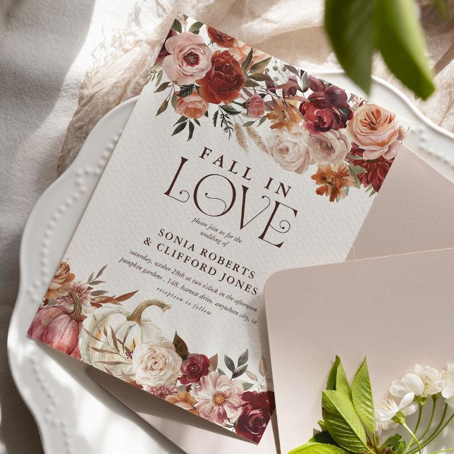 'Fall In Love' Autumn Blooms Pumpkin Wedding Invitation (Creator Uploaded)