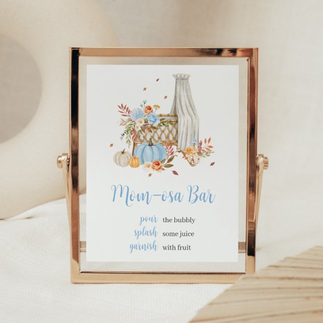 Fall in Love Autumn Blue Pumpkin Mum Osa Bar Poster (Floral Blue Pumpkin Baby Shower Mom Osa Bar Sign)