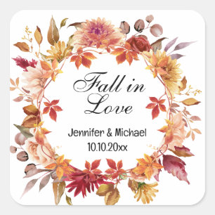 fall in love, autumn botanical wedding square sticker