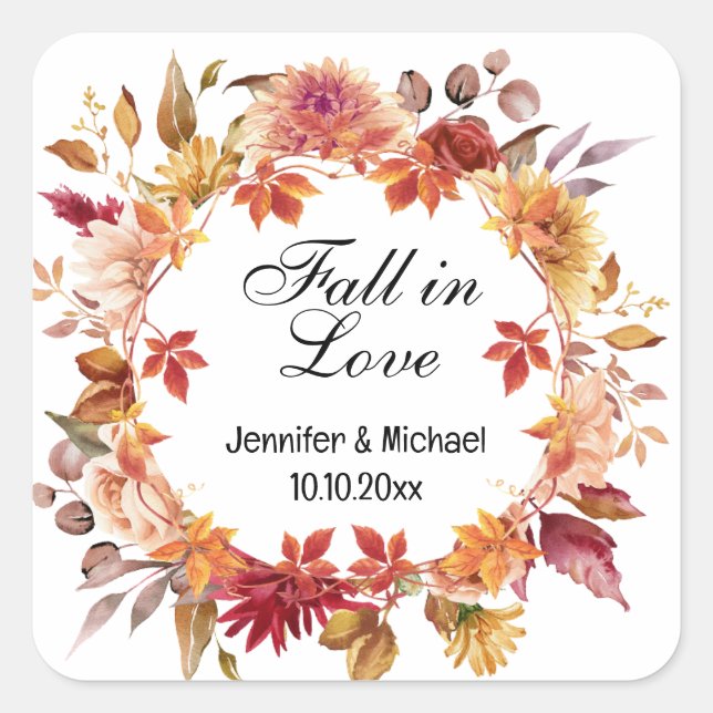 fall in love, autumn botanical wedding square sticker (Front)