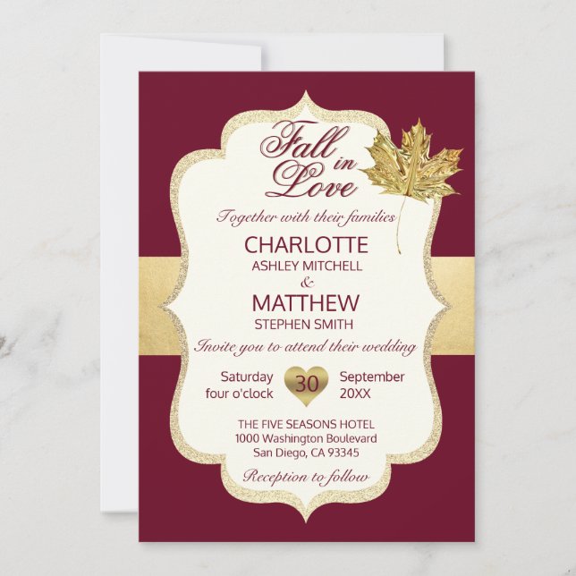 FALL IN LOVE Autumn Burgundy Gold Leaf Wedding Invitation (Front)