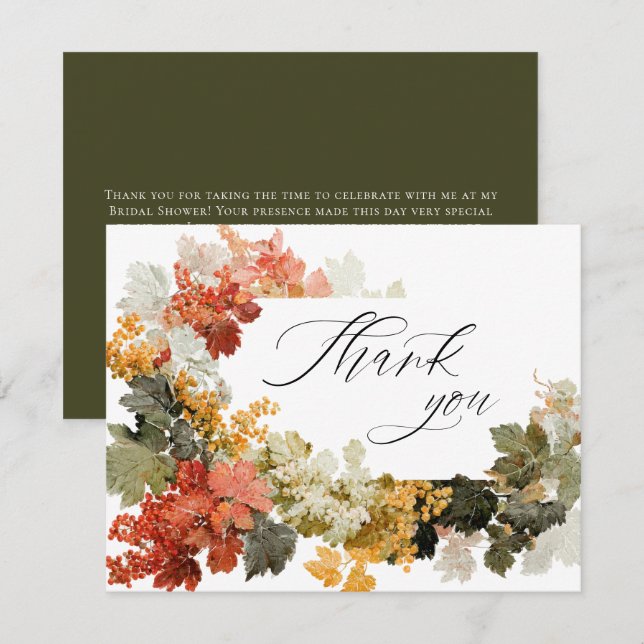 Fall in Love Autumn Calligraphy Bridal Shower Thank You Card (Front/Back)