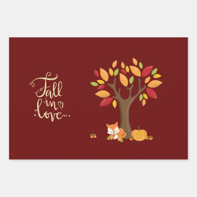 Fall in Love Autumn Design Fox Pumpkin Tree Wrapping Paper Sheet (Front 3)