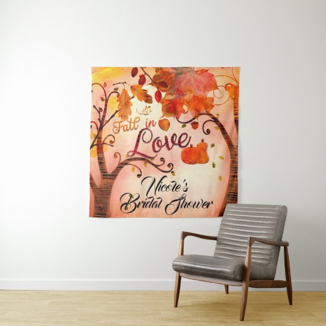 Fall in Love Autumn Fall Bridal Shower Backdrop Tapestry (In Situ)