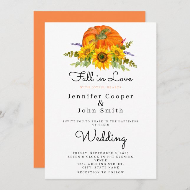 Fall in Love Autumn Fall Sunflower Pumpkin Wedding Invitation (Front/Back)