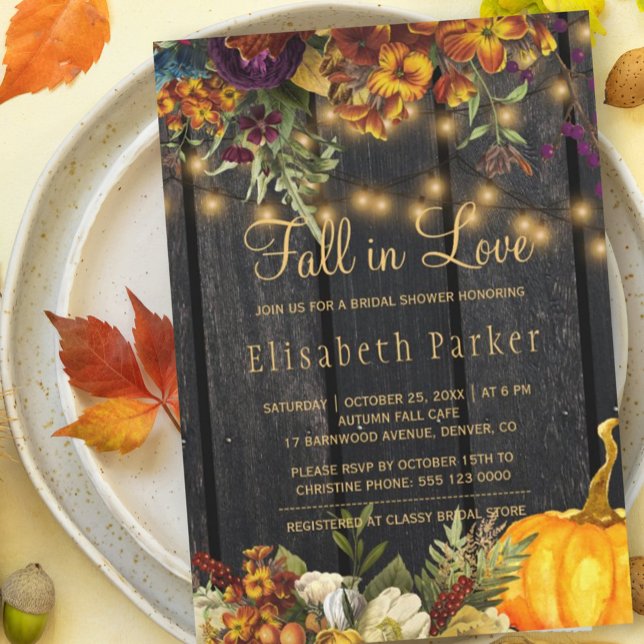 Fall in Love autumn floral barn wood bridal shower Invitation (Creator Uploaded)