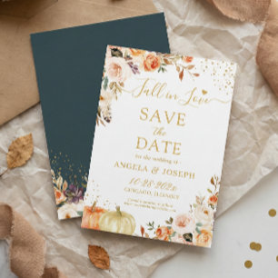 Fall in Love Autumn Gold Floral Pumpkins Wedding Save The Date