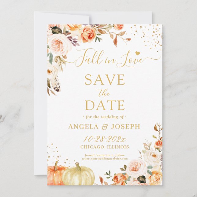Fall in Love Autumn Gold Floral Pumpkins Wedding Save The Date (Front)