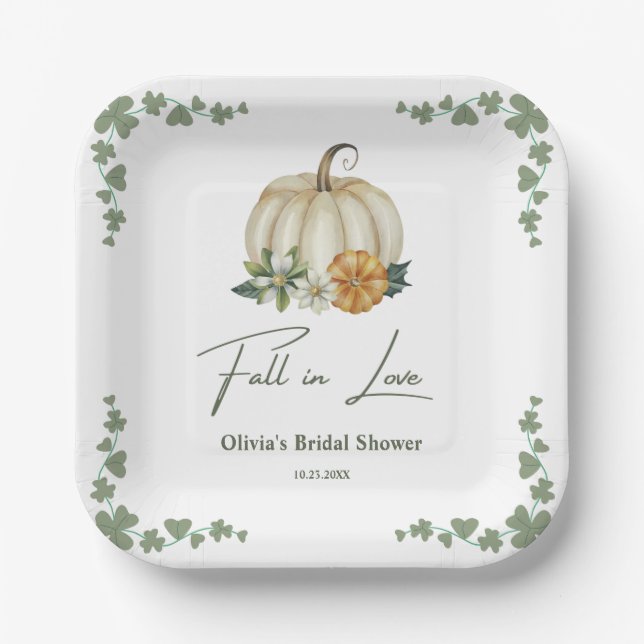 Fall in Love Autumn Greenery Pumpkin Bridal Shower Paper Plate (Front)