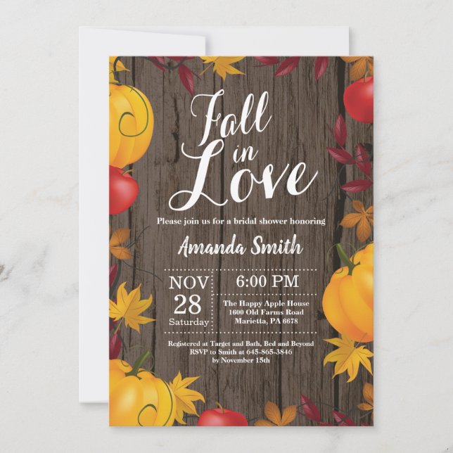 Fall in Love Autumn Harvest Pumpkin Bridal Shower Invitation (Front)